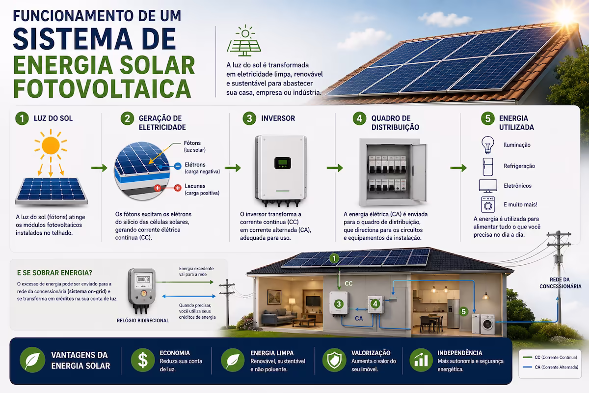 funcionamento de um sistema de energia solar fotovoltaica
