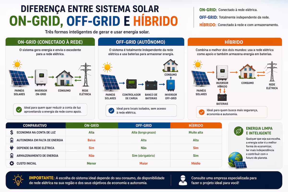 diferença entre sistema solar on-grid off-grid e híbrido