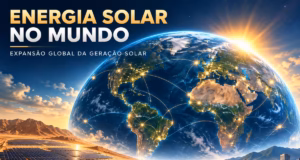 Energia solar no mundo com painéis fotovoltaicos representando a expansão global da geração solar