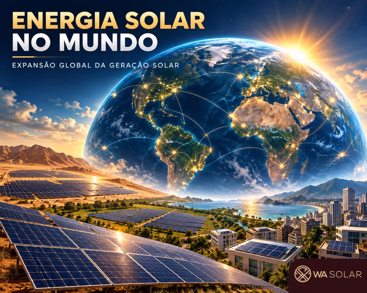 Energia solar no mundo com painéis fotovoltaicos representando a expansão global da geração solar