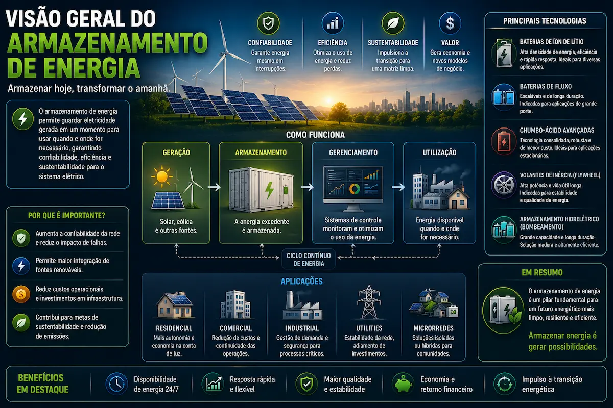Sistema de armazenamento de energia elétrica em baterias integrado a painéis solares, residência e rede elétrica