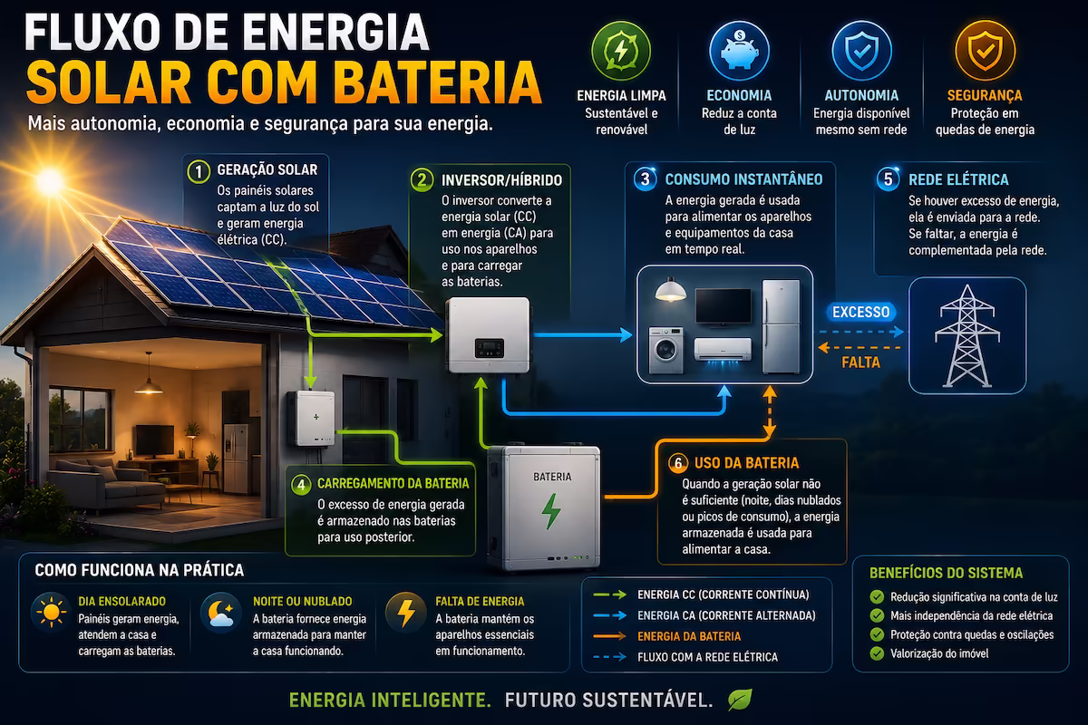 Fluxo de energia entre painéis solares, inversor híbrido, bateria residencial, cargas da casa e rede elétrica