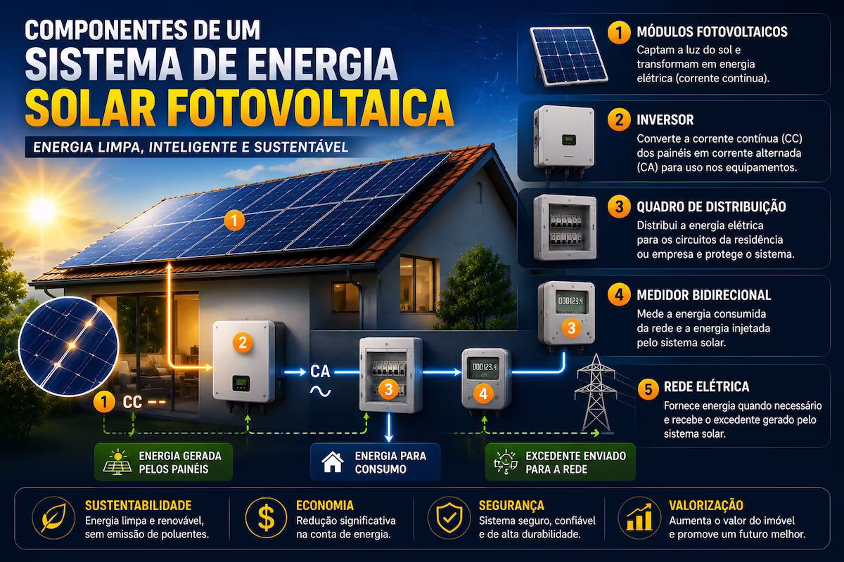componentes de um sistema de energia solar fotovoltaica