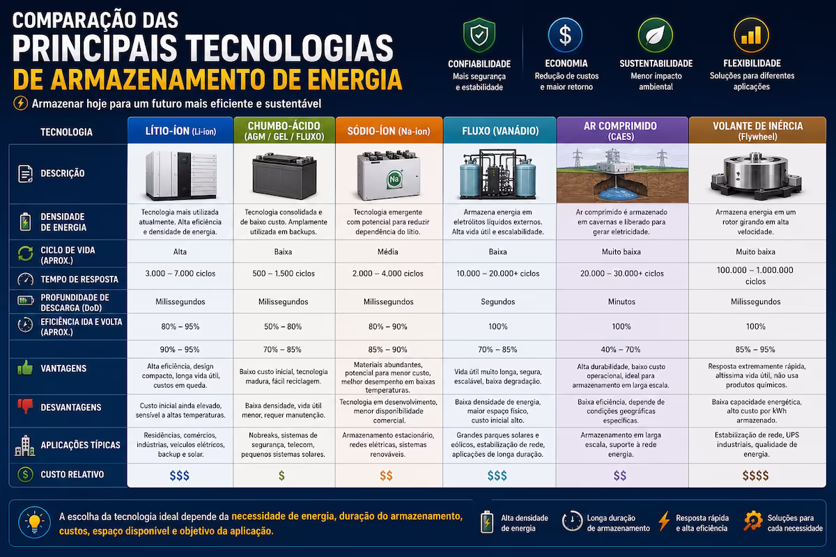 Comparação visual entre baterias, hidrelétrica reversível, ar comprimido, volante de inércia, hidrogênio e armazenamento térmico
