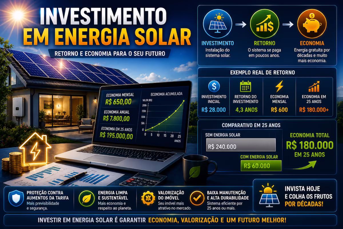 investimento em energia solar retorno e economia