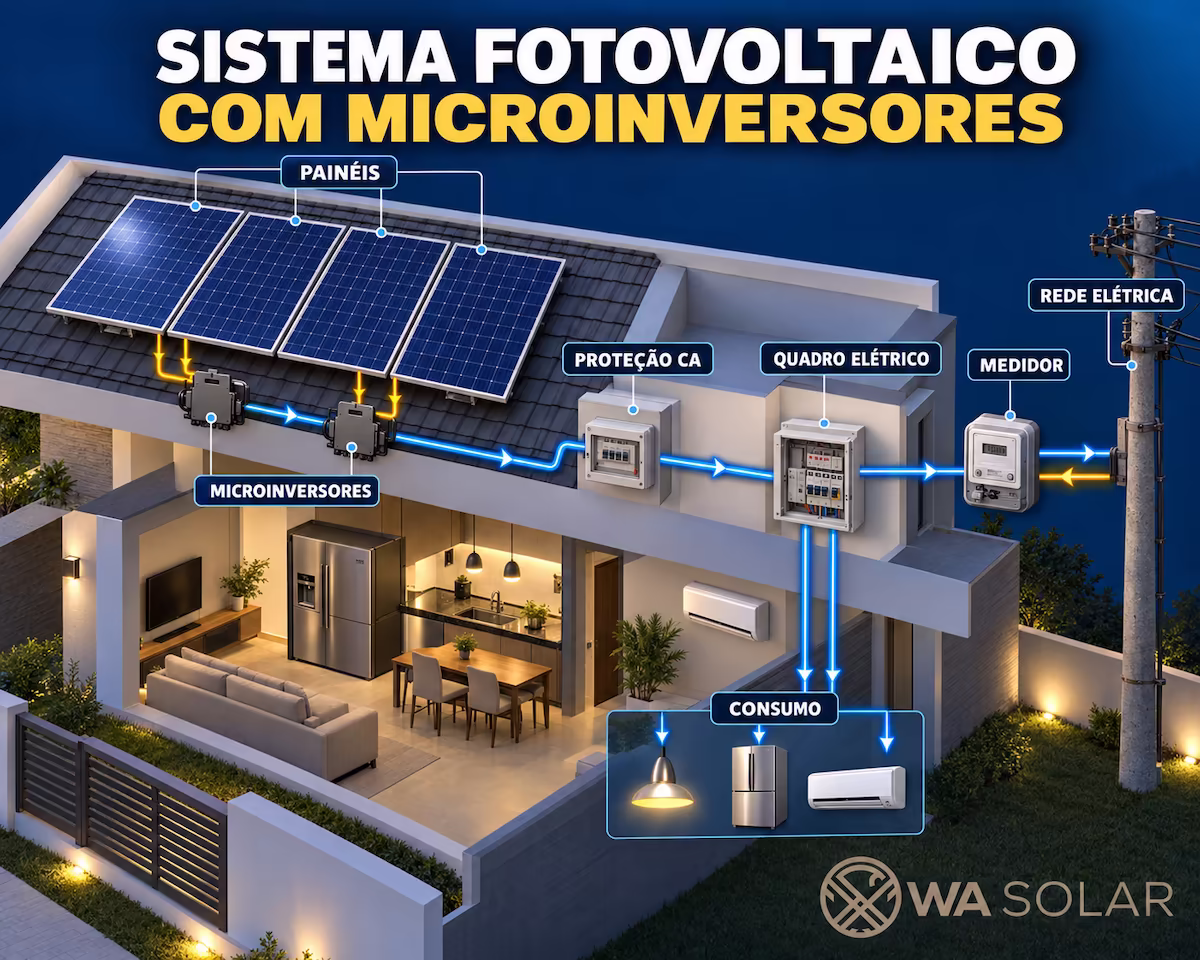 Esquema de funcionamento de um sistema fotovoltaico com microinversores