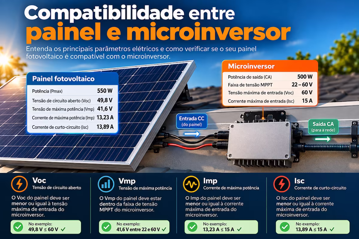 Compatibilidade entre painel e microinversor considerando Voc, Vmp, Imp, Isc e faixa MPPT