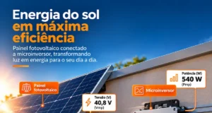 Painel fotovoltaico conectado a microinversor com indicação de potência, tensão e corrente