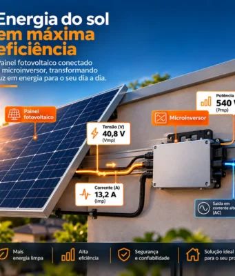 Painel fotovoltaico conectado a microinversor com indicação de potência, tensão e corrente