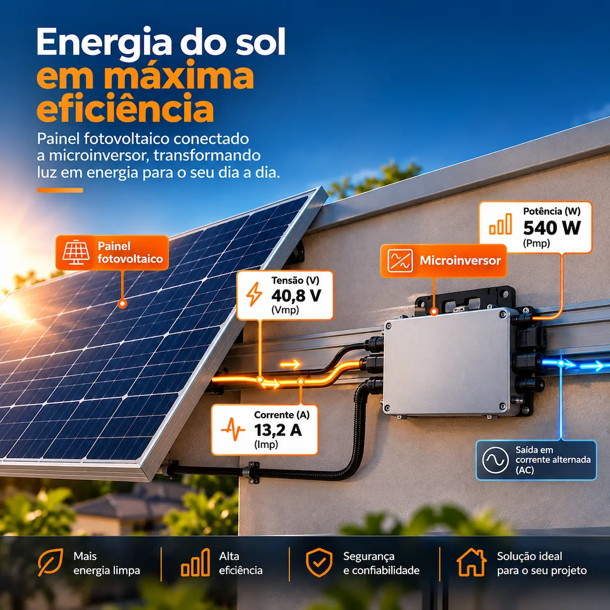 Painel fotovoltaico conectado a microinversor com indicação de potência, tensão e corrente