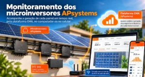Monitoramento APsystems mostrando microinversores, ECU, plataforma EMA e acesso pelo celular e computador