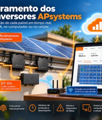 Monitoramento APsystems mostrando microinversores, ECU, plataforma EMA e acesso pelo celular e computador