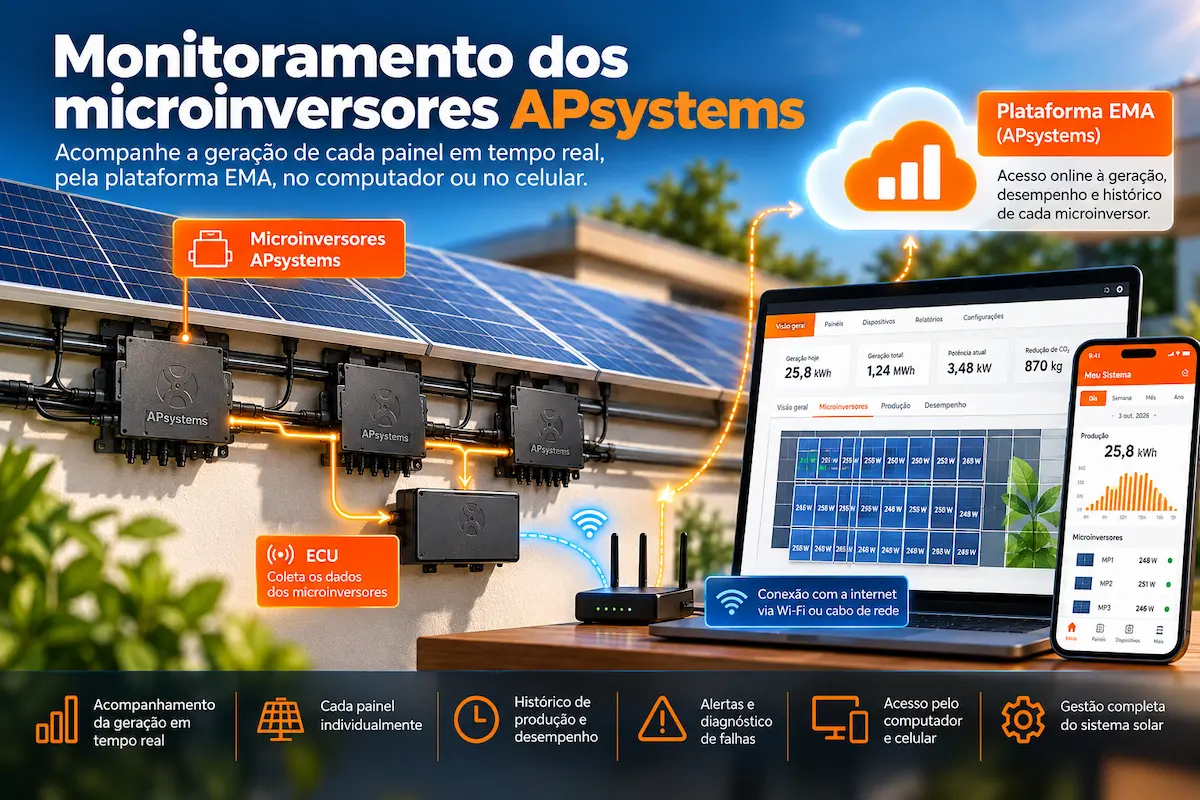 Monitoramento APsystems mostrando microinversores, ECU, plataforma EMA e acesso pelo celular e computador