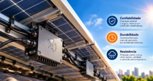 Microinversor solar instalado sob painéis fotovoltaicos representando confiabilidade e durabilidade