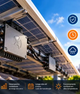 Microinversor solar instalado sob painéis fotovoltaicos representando confiabilidade e durabilidade