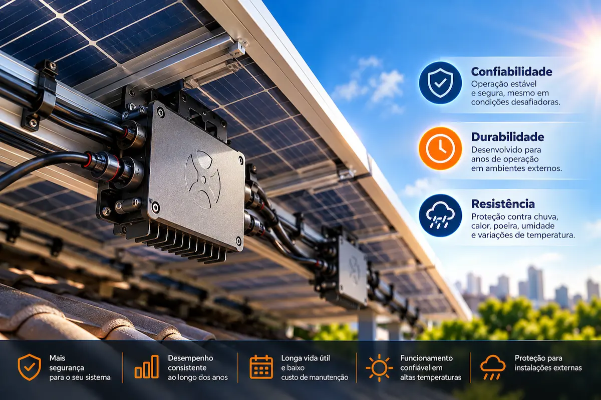 Microinversor solar instalado sob painéis fotovoltaicos representando confiabilidade e durabilidade