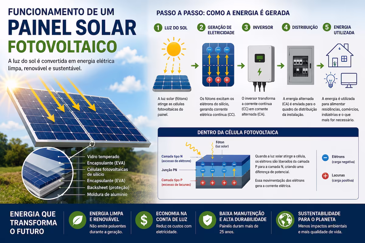 funcionamento de um painel solar fotovoltaico