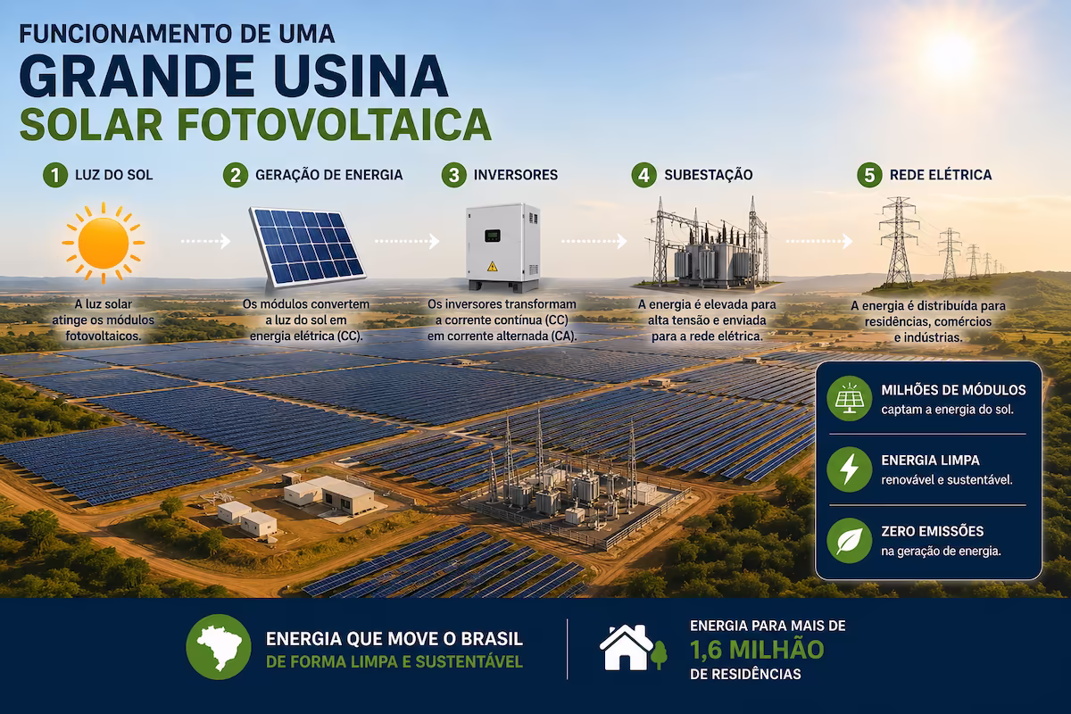 Funcionamento de uma grande usina solar fotovoltaica