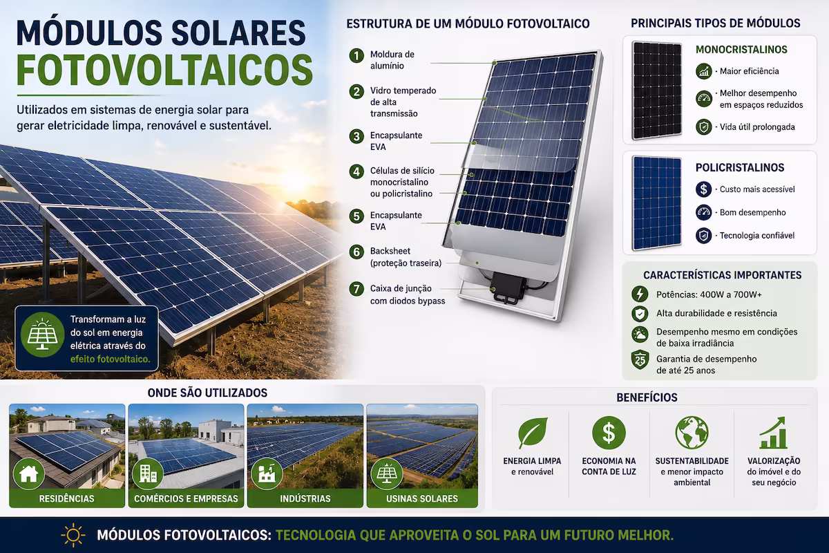 módulos solares fotovoltaicos utilizados em sistemas de energia solar