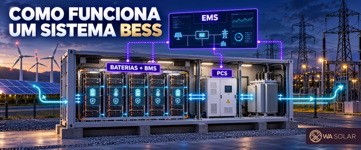 Funcionamento de sistema BESS com baterias BMS PCS e gerenciamento de energia