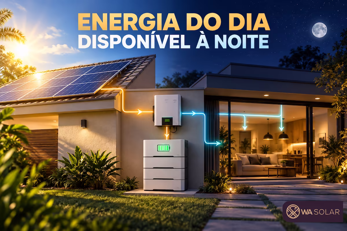 Energia solar armazenada em baterias durante o dia para utilização posterior à noite