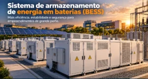 Sistema de armazenamento de energia em baterias BESS instalado em empreendimento de grande porte.