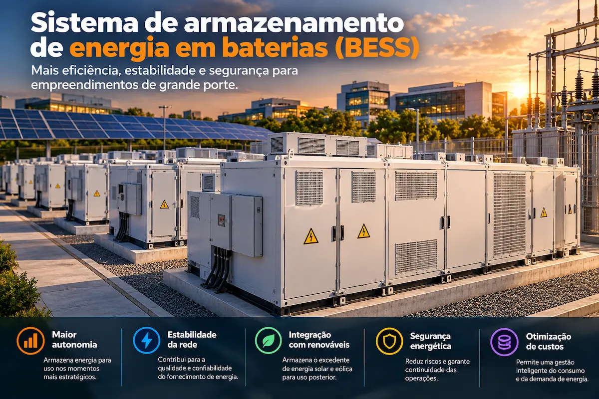 Sistema de armazenamento de energia em baterias BESS instalado em empreendimento de grande porte.