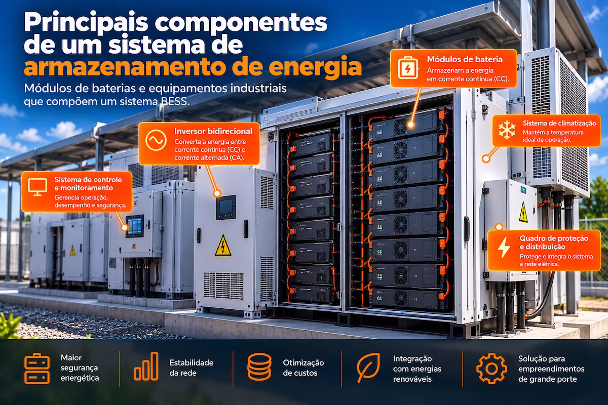 Módulos de baterias e equipamentos industriais utilizados em sistemas de armazenamento de energia.