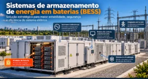 Sistemas de armazenamento de energia em baterias de grande porte utilizados no setor elétrico.