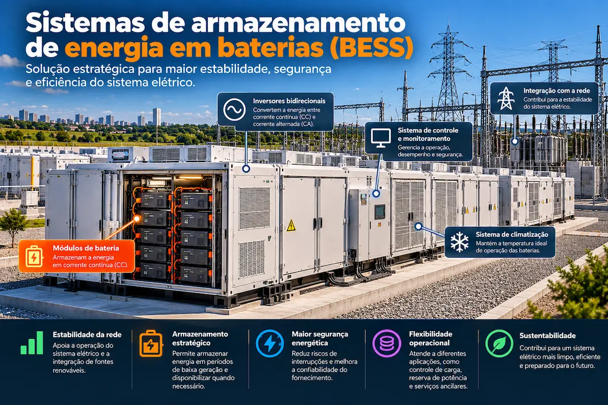 Sistemas de armazenamento de energia em baterias de grande porte utilizados no setor elétrico.