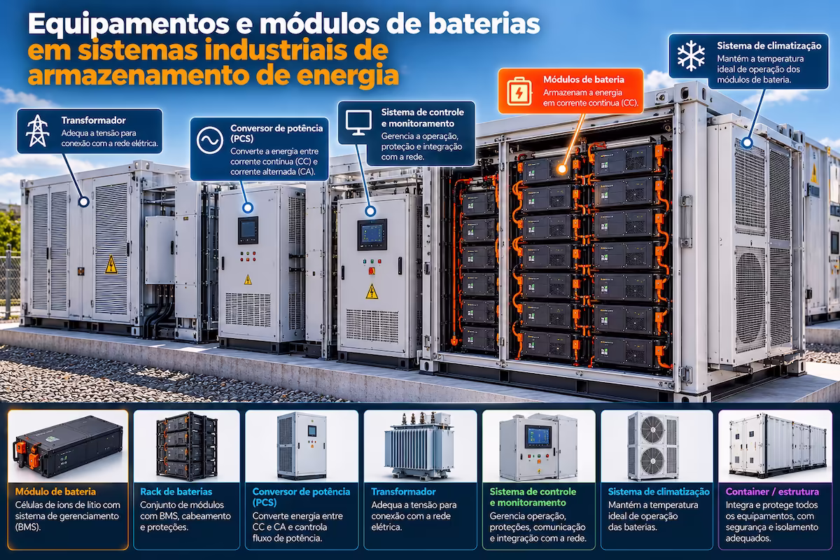 Equipamentos e módulos de baterias utilizados em sistemas industriais de armazenamento de energia.