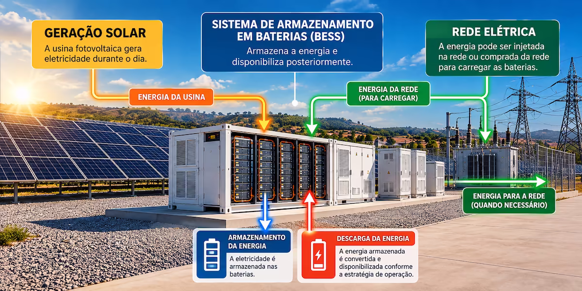 Funcionamento de bateria BESS integrada a usina solar e rede elétrica